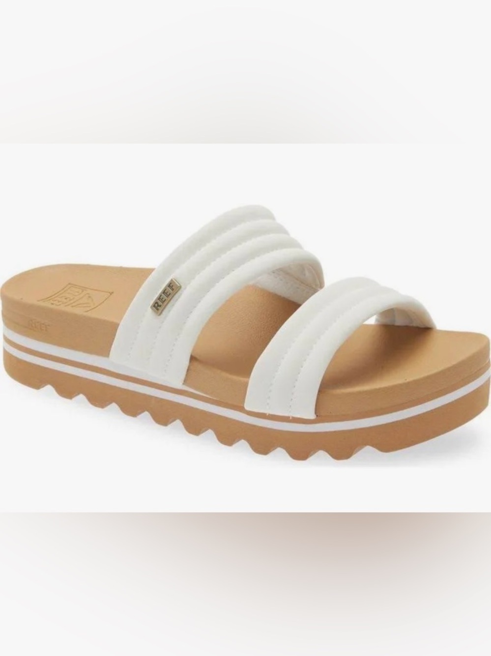 Reef Women’s White KAIA 2 BAR Slide Sandal with Tan Platform
